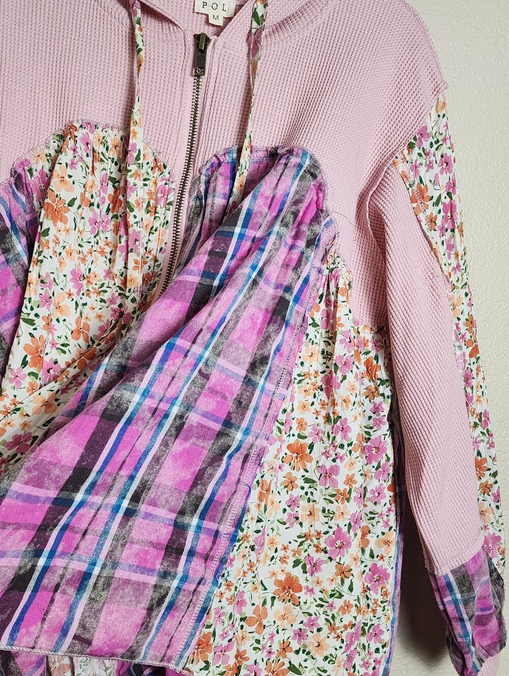 POL Pink Floral Plaid Patchwork Zip Hoodie Medium - Picture 7 of 9